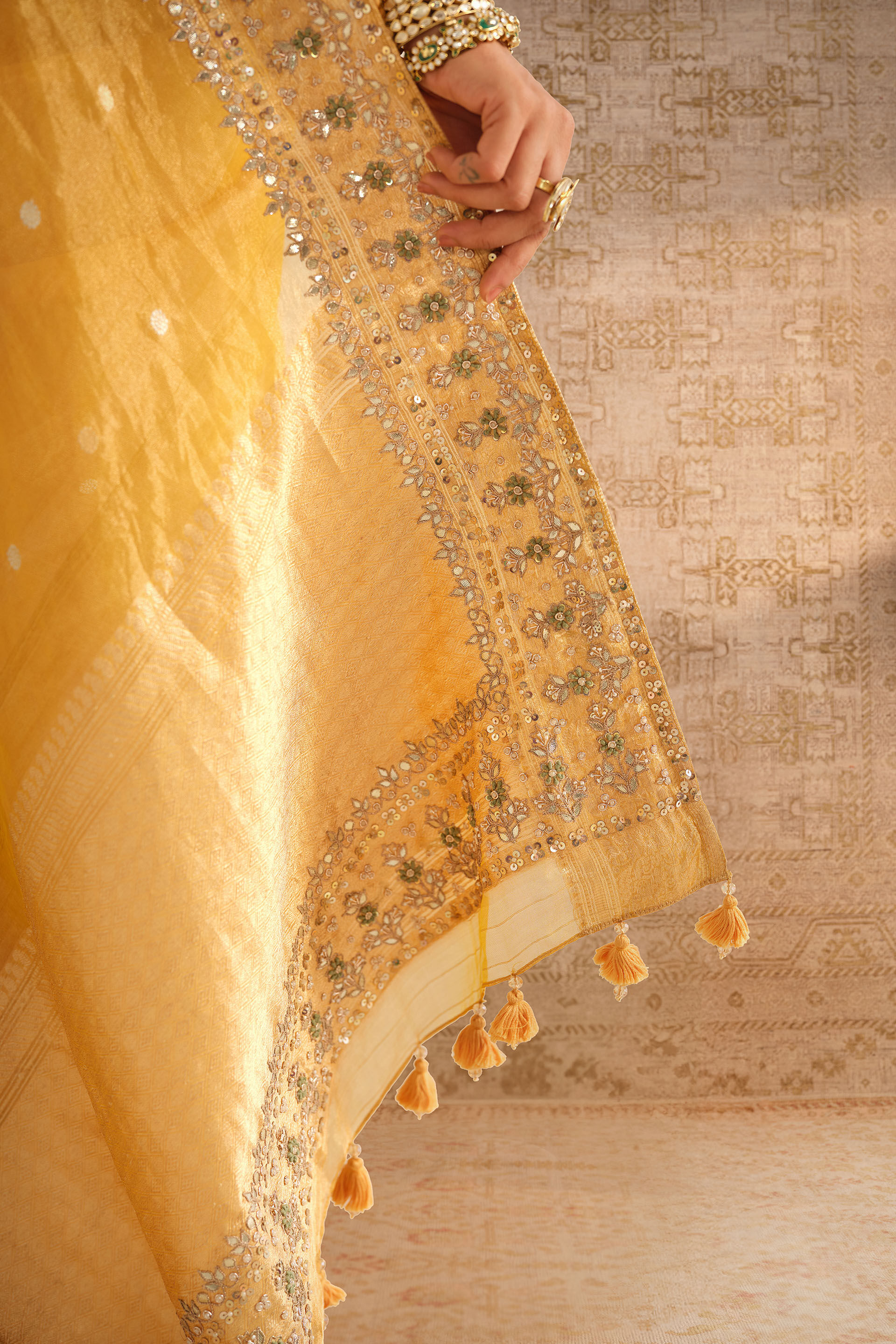Surandhana Handwoven Benarasi Silk Saree - Yellow, Yellow, image 5